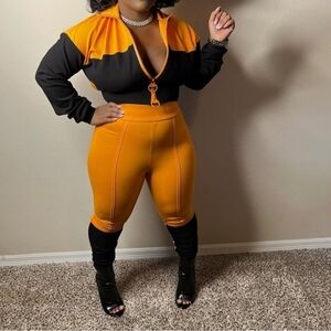 Colorblock Two-Piece Skinny Leg Set In Black and Orange